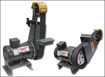 Belt grinder offers multi-position contact from vertical to horizontal and full work movement from left to right.
